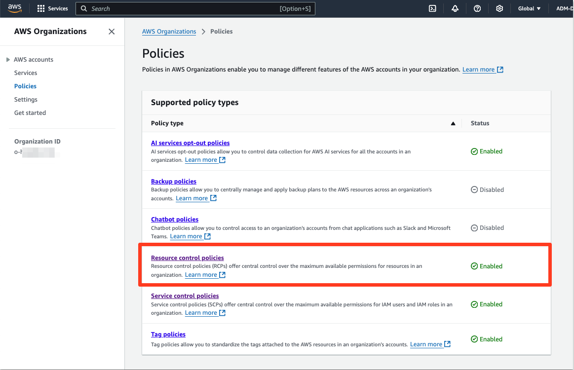 Location of RCPs under “Policies” in AWS Organizations